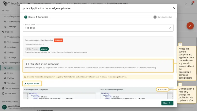 The Update Application dialog for an application with a profile: the image pull policy, the option to skip re-fetching the profile configuration, the Update profile shortcut, and the read-only Compose configuration shown as the current and the future configuration side by side