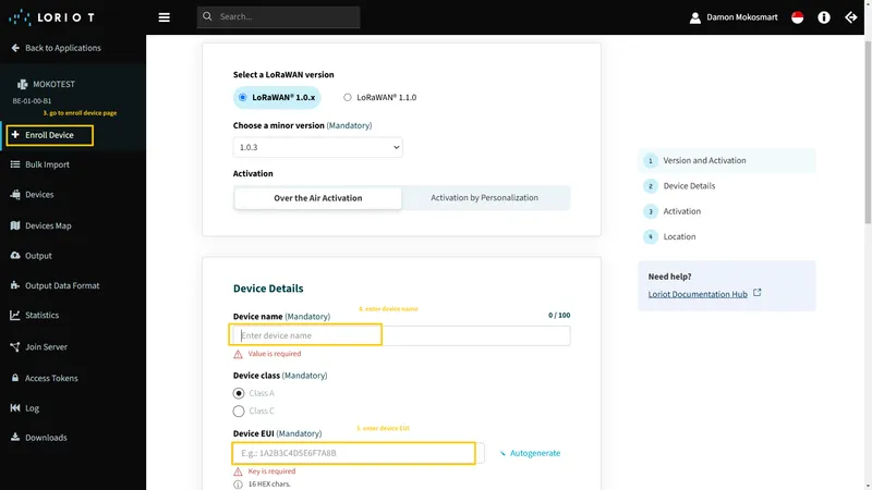 Go to the "**Enroll Device**" page. Fill in the fields, with a configuration from your device.