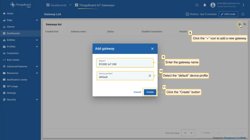 Add IoT Gateway dialog with name field and default device profile selected