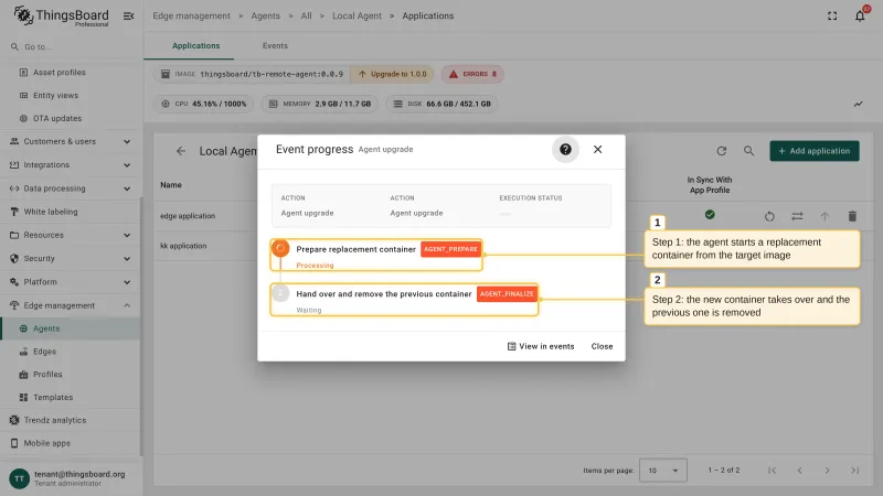 The Event progress dialog of an agent upgrade event with the first step Prepare replacement container in the Processing state and the second step Hand over and remove the previous container in the Waiting state