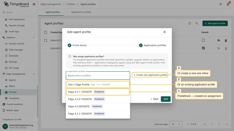 The Application profiles step of the advanced setup with predefined and existing profiles in the dropdown and the Create new application profile button
