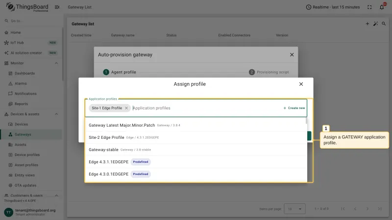 The Assign profile dialog with the list of application profiles, including the predefined Gateway profiles