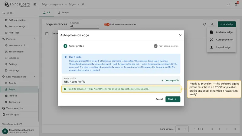 The Auto-provision edge dialog with the green Ready to provision message confirming that the selected agent profile has an Edge application profile assigned