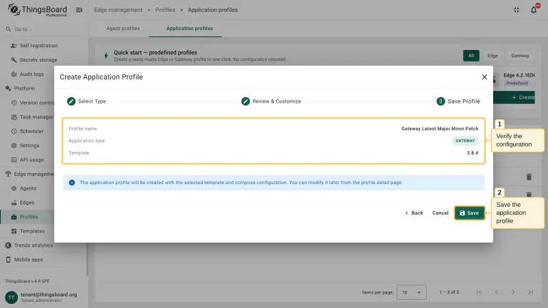 The Save Profile step of the Create Application Profile wizard with the profile name, application type, and template summary and the Save button