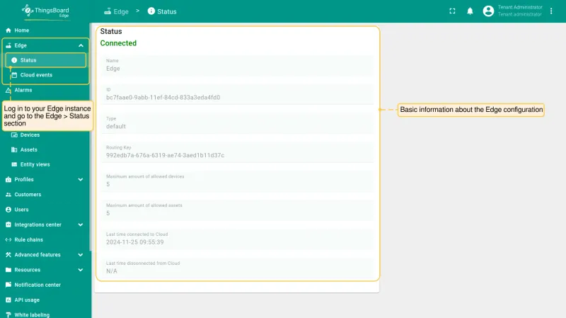 Edge Status page (PE) showing connectivity, configuration, and license limits