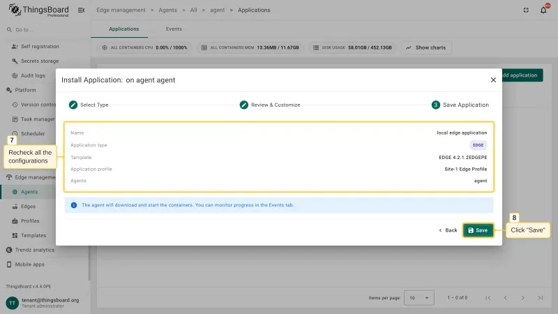 The Save Application step of the Install Application wizard with the summary of the application name, type, template, application profile, and agent