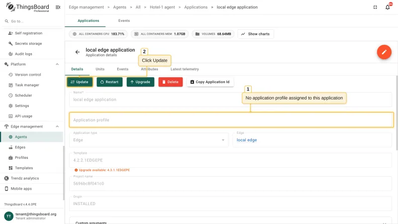 The application details page without an assigned application profile and the highlighted Update action
