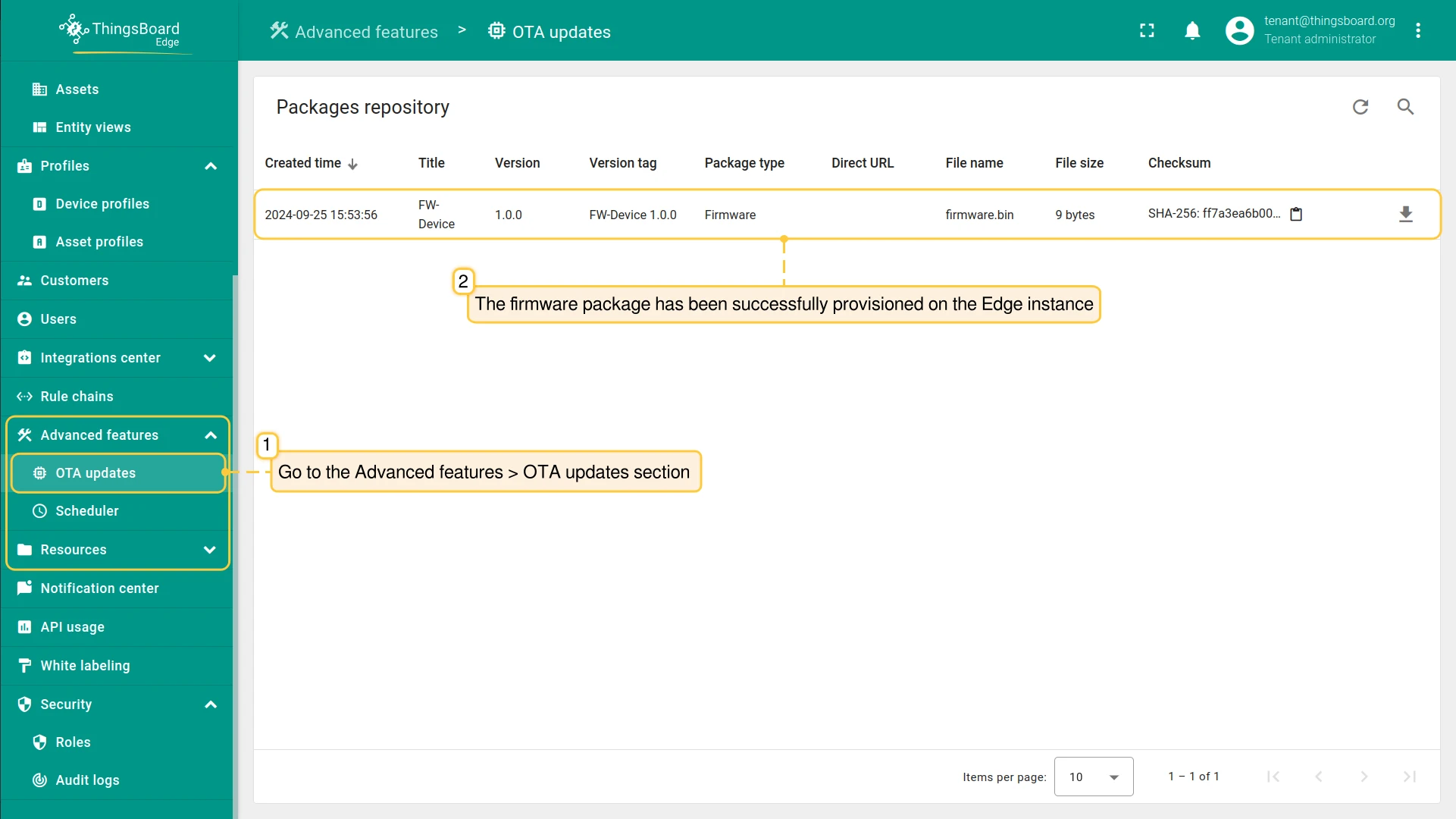 OTA updates section on Edge showing the propagated package