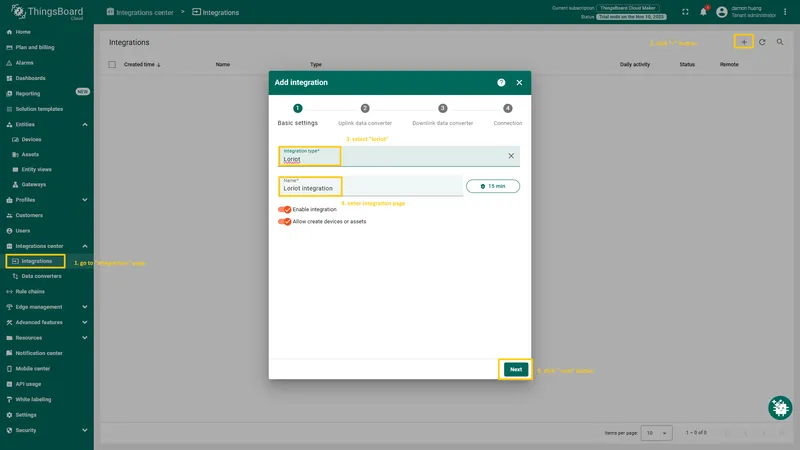 Click "**plus**" icon in the upper right corner to add new integration. Select "**Loriot**" integration type. Then, click "**Next**" button.