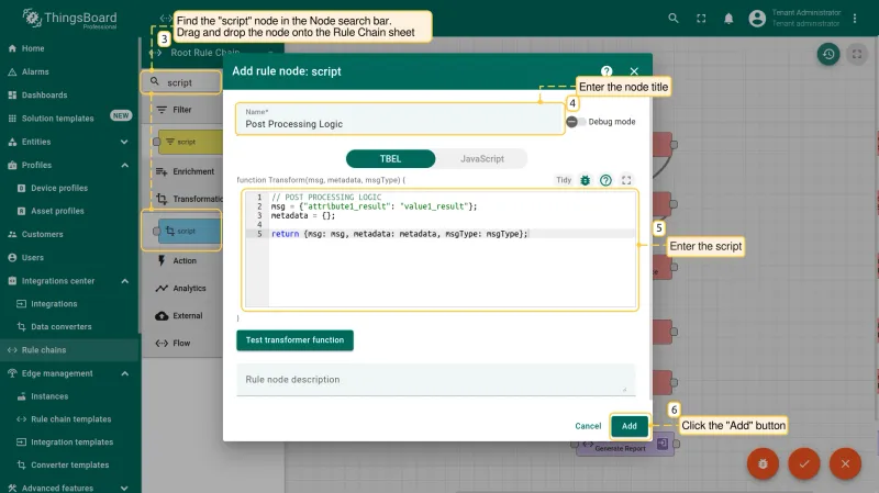 Script node dialog with post-processing JavaScript entered (PE)