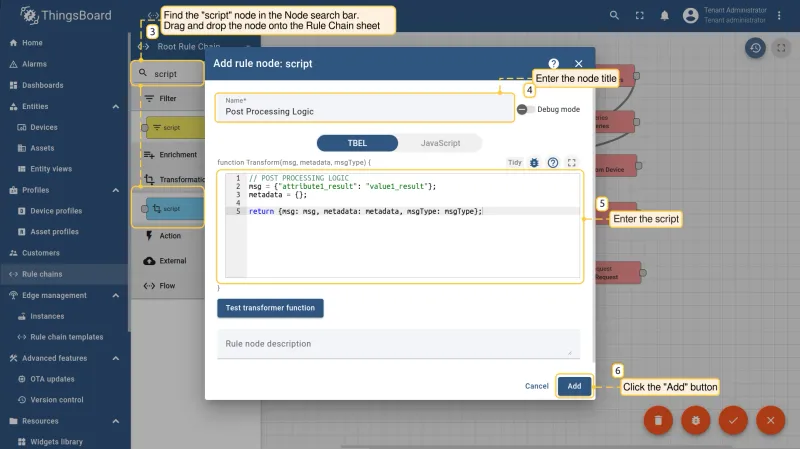 Script node dialog with post-processing JavaScript entered