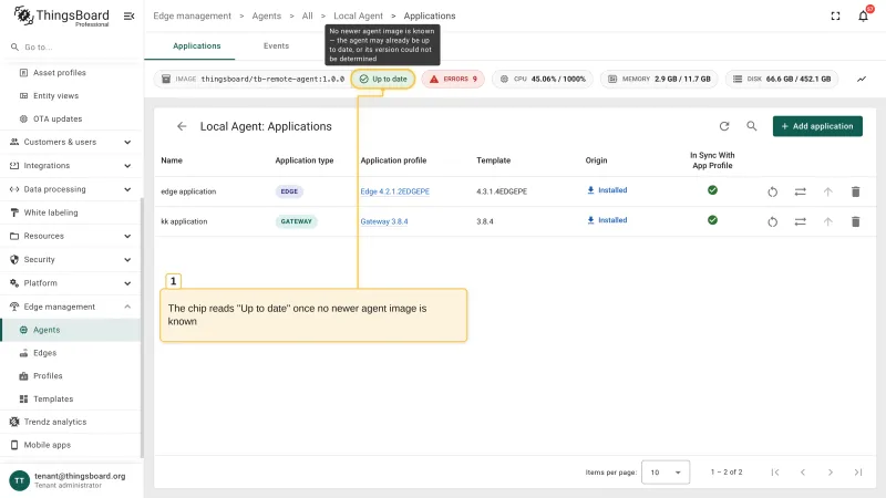 The agent Applications page after the upgrade: the IMAGE chip shows the new tag and the chip next to it reads Up to date, with the tooltip that no newer agent image is known