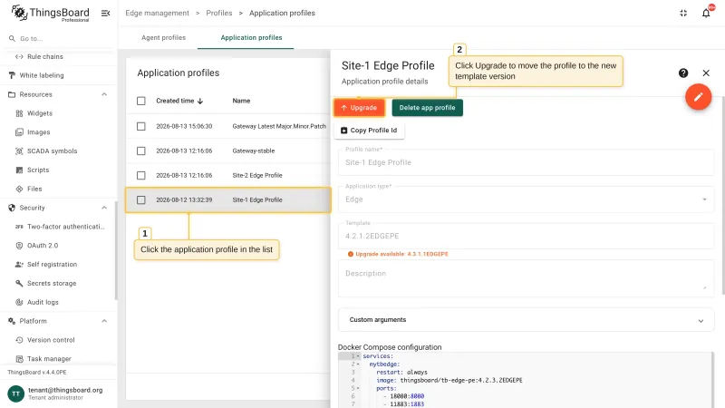 The application profile details panel with the Upgrade available hint under the template version and the Upgrade button highlighted