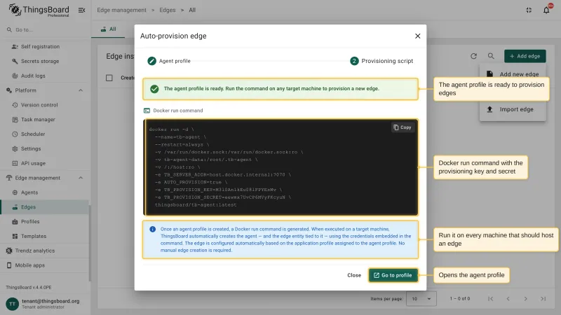 The Provisioning script step of the Auto-provision edge dialog with the message that the agent profile is ready, the Docker run command containing the provision key and secret, and the Copy button