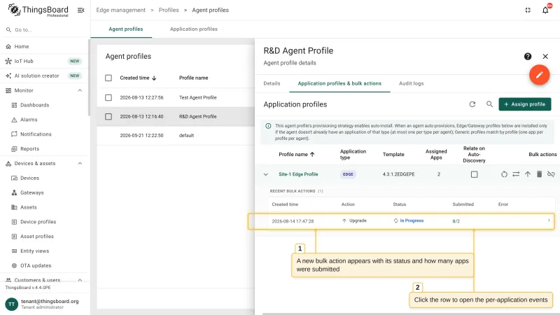 The Recent bulk actions panel under the application profile row with the new upgrade run, its status, and the number of submitted applications