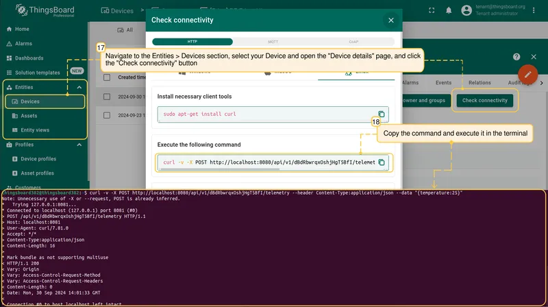 Device connectivity check with terminal command to trigger the alarm — PE