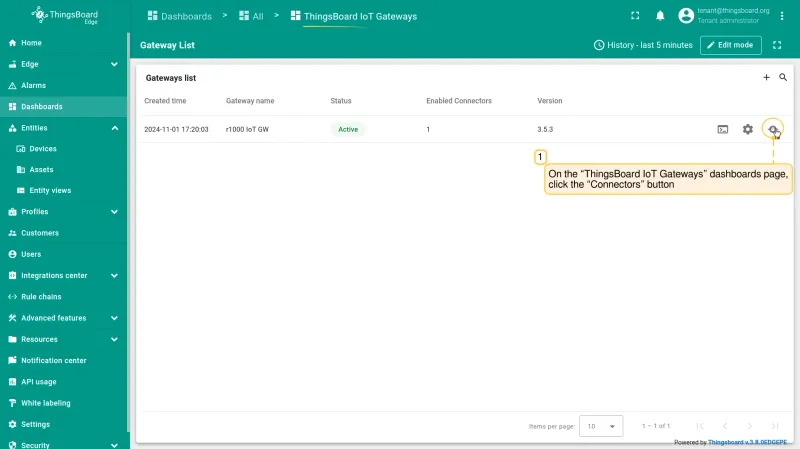 On the **“ThingsBoard IoT Gateways”** dashboards page, click the **“Connectors”** button.