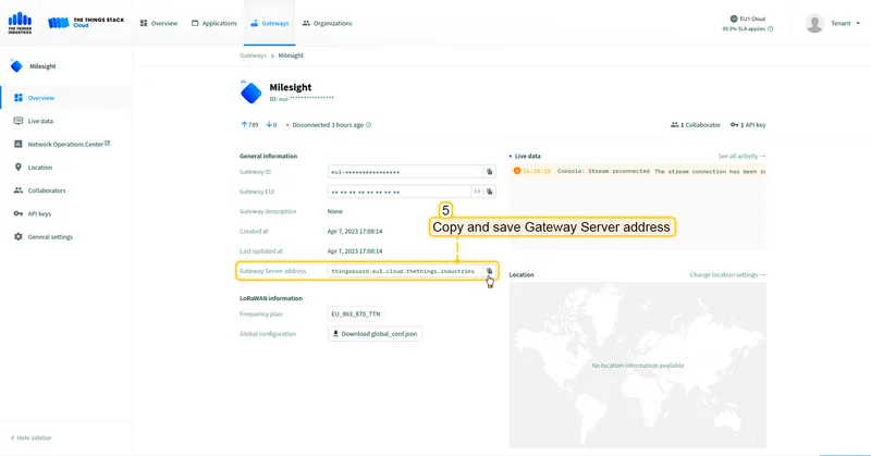 The gateway is added. Copy and save "**Gateway Server address**", we will need it later.