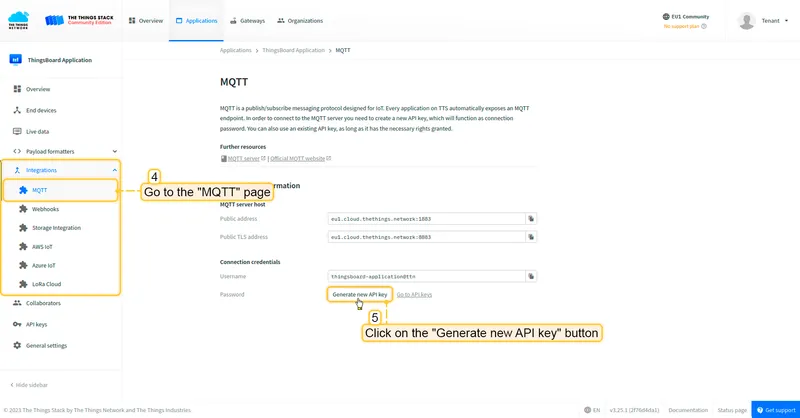 Go to the "<b>Integrations</b>" -> open the "<b>MQTT</b>" page in the left menu. Then, click on the "<b>Generate new API key</b>" button.