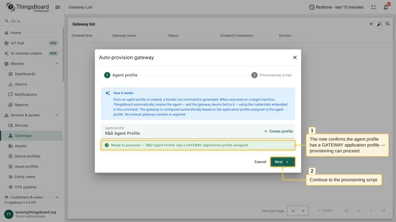 The Auto-provision gateway dialog with the green Ready to provision message confirming that the agent profile has a Gateway application profile assigned
