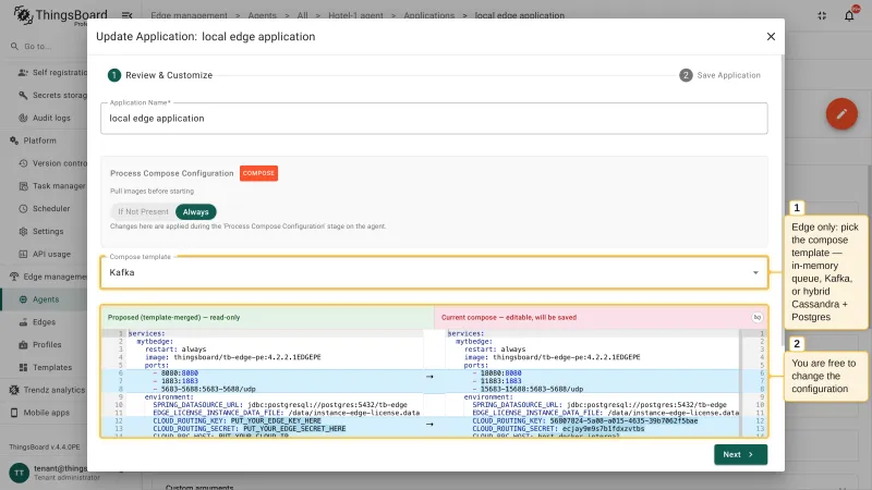 The Update Application dialog for an application without a profile: the image pull policy, the Compose template selector for Edge applications, and the editable Compose configuration next to the read-only template-merged proposal