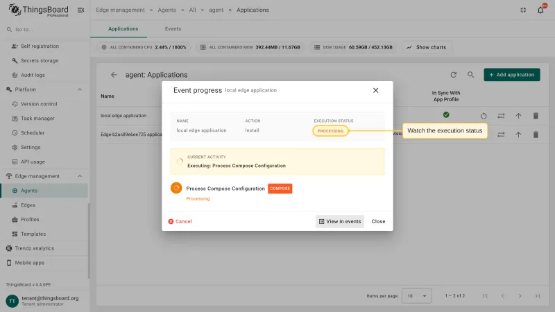 The Event progress dialog of an install event with the Processing execution status and the current activity of the running step
