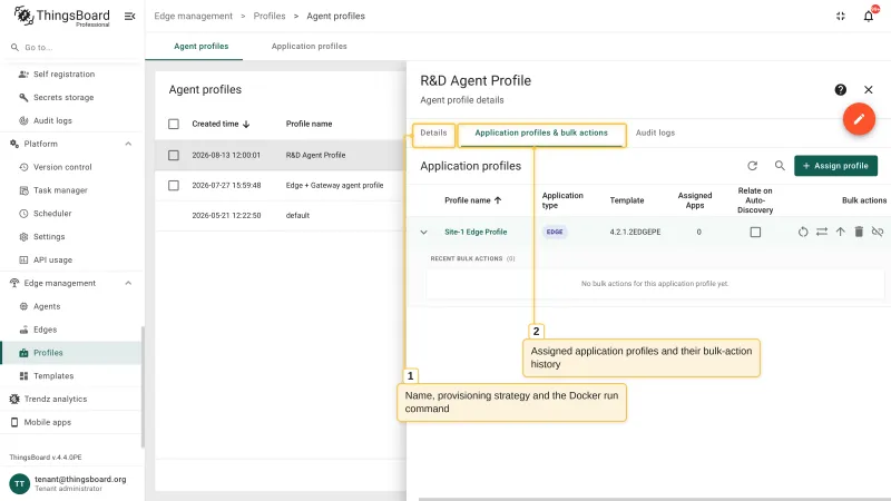 The agent profile details page with the Application profiles & bulk actions tab open, listing the assigned application profile and its recent bulk actions