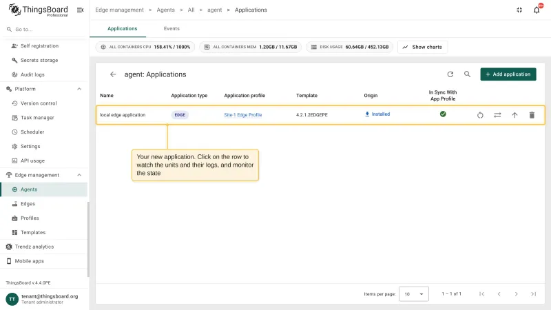 The Applications table of the agent with the newly installed application row, showing the Installed origin and the In Sync With App Profile check mark