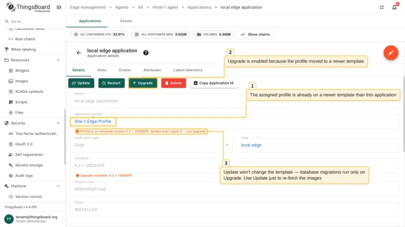 The application details page with the assigned application profile already on a newer template version than the application, the enabled Upgrade action, and the hint that Update will not apply the new template version