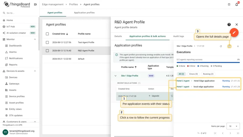 The Executions panel of a bulk action with the agents-reporting-success progress bar, the Done, Error, Running, and Pending counters, and the per-application events