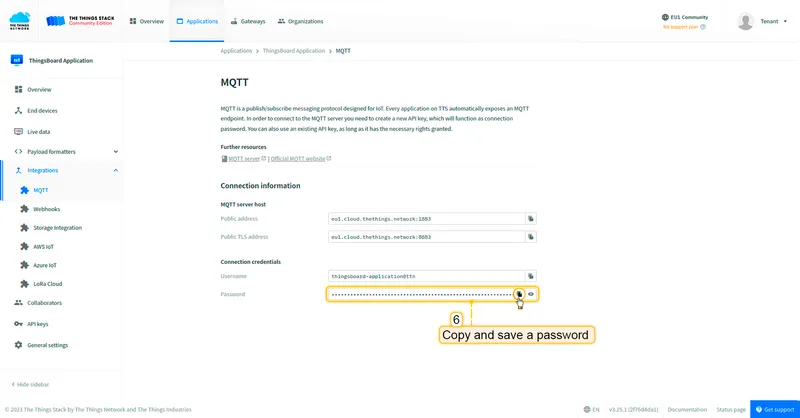 Copy and save the <b>password</b> (API key) (after leaving the page it won't be displayed).