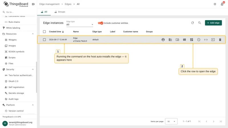 The Edge instances table with the automatically installed Edge instance that appeared after running the provisioning command on the host