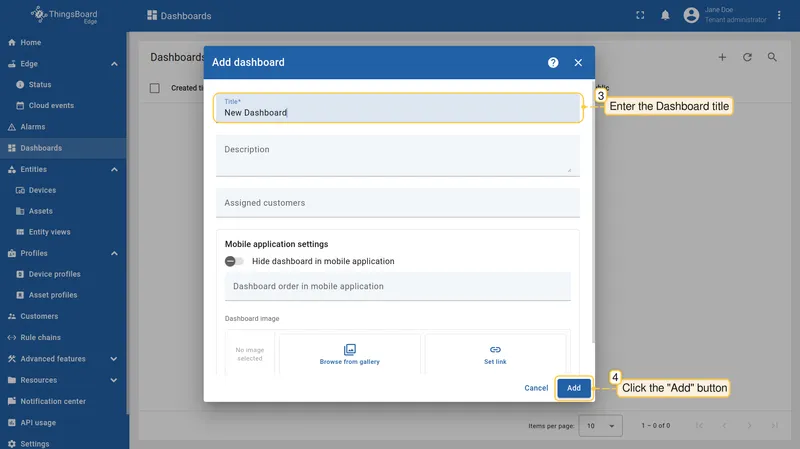 Add dashboard dialog with Title and Description fields
