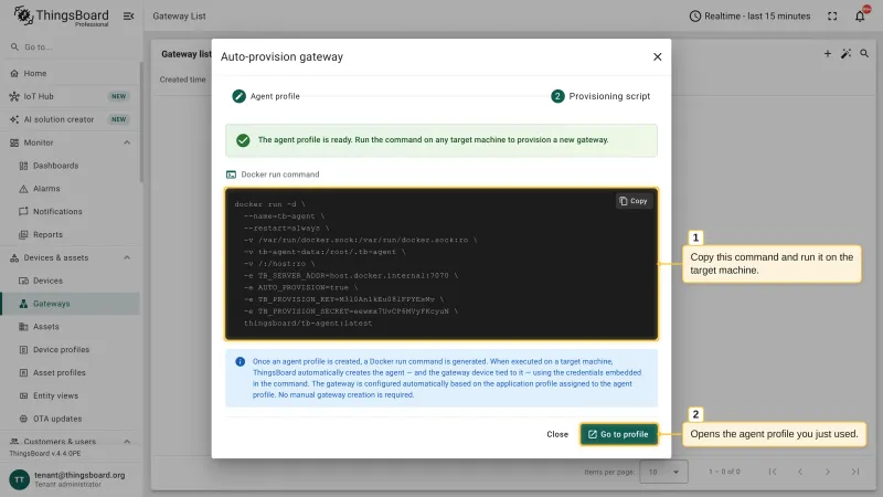 The Provisioning script step of the Auto-provision gateway dialog with the Docker run command containing the provision key and secret, and the Copy button