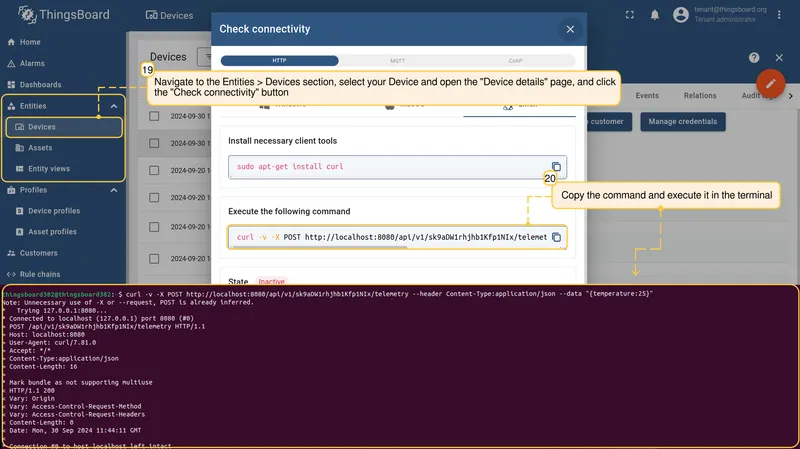 Device connectivity check with terminal command to trigger the alarm — CE