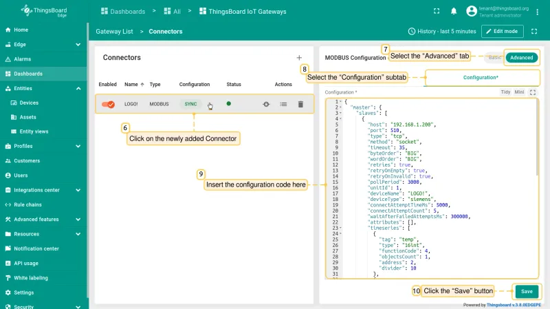 To make further adjustments, click on the newly added **Connector** and select the **“Advanced”** tab and the **“Configuration”** sub-tab on the right side of the **"MODBUS Configuration"** screen.