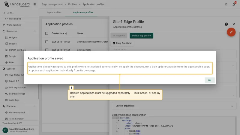 The Application profile saved dialog with a note that assigned applications were not updated automatically and must be upgraded in bulk or individually
