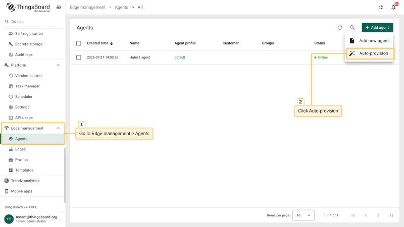 The Agents page with the Add agent dropdown open and the Auto-provision option highlighted