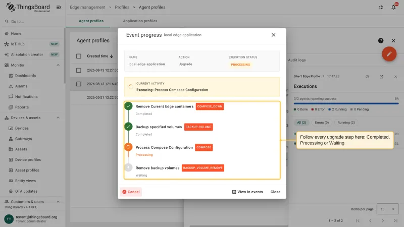 The Event progress dialog of one application from the bulk upgrade with the per-step breakdown