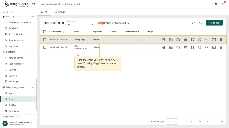 The Edge instances table with the Edge instance to deploy highlighted