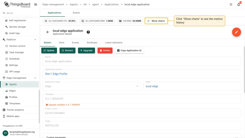 The application details page with the Show charts button highlighted in the metrics bar above the application name