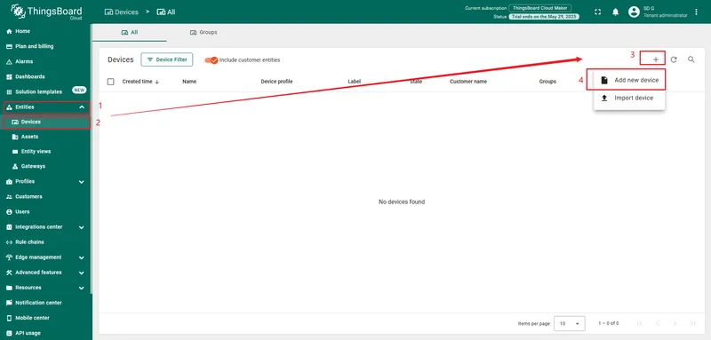 Login to your ThingsBoard instance and go to the "Devices" page of the "Entities" section. Click on the "+" icon in the top right corner of the table and then select "Add new device" from drop-down menu.