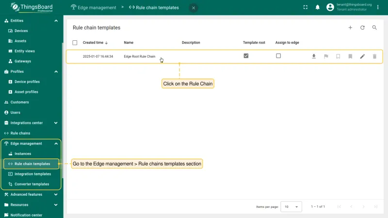 Rule chain templates section in Edge management (PE)