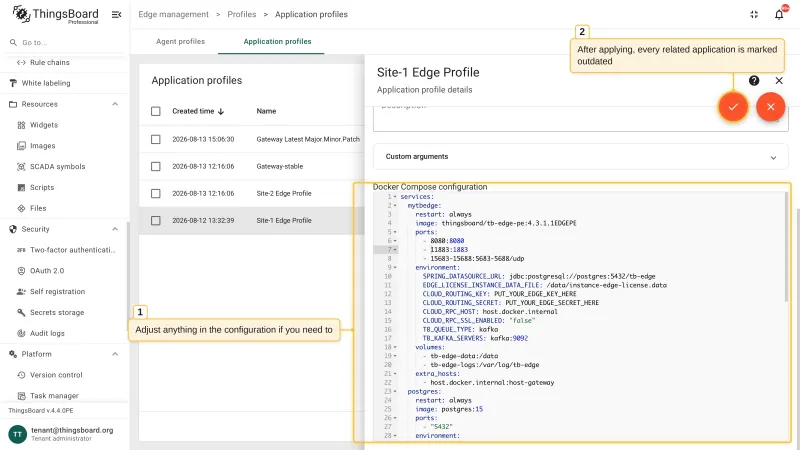 The application profile details panel in edit mode with the Docker Compose configuration editor and the apply and cancel buttons