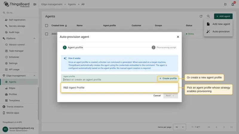 The Agent profile step of the Auto-provision agent dialog with the profile list open and the Create profile button