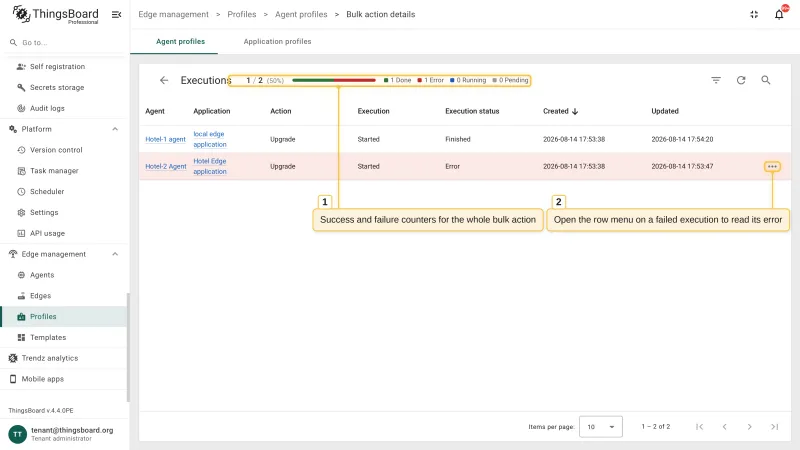The bulk action details page with the success and failure counters for the whole bulk action and the per-application execution rows, one finished and one failed