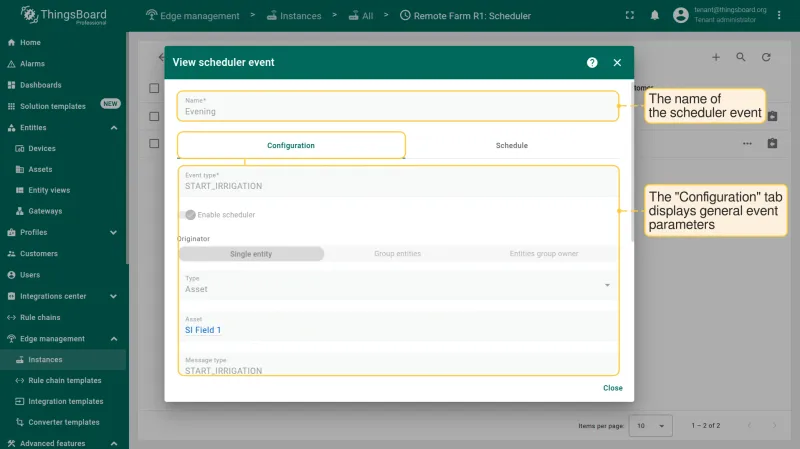 Scheduler event Configuration tab