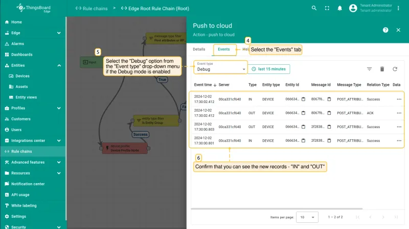 Push to cloud node Events tab with IN and OUT debug records (PE)