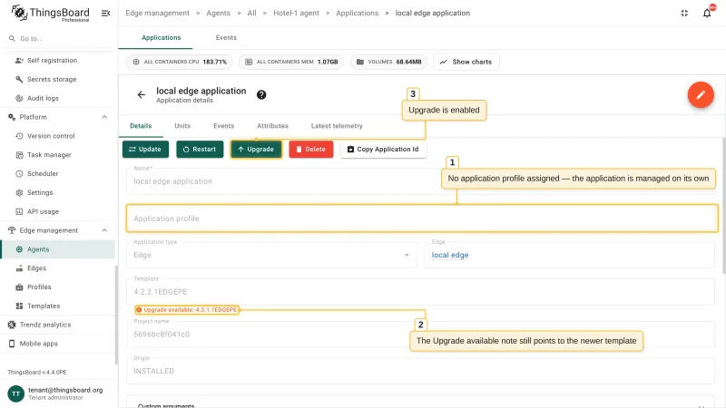The application details page of an application without an application profile, with the empty Application profile field, the Upgrade available hint, and the enabled Upgrade action