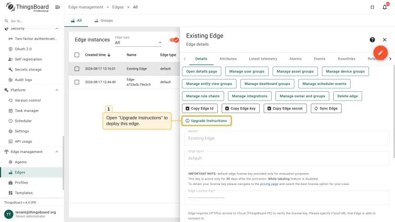 The Edge details panel with the Upgrade Instructions button highlighted